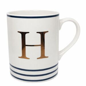 Ceramic Mug White w/ Dark Navy Blue Metallic Gold Monogrammed Letter H 16 fl oz